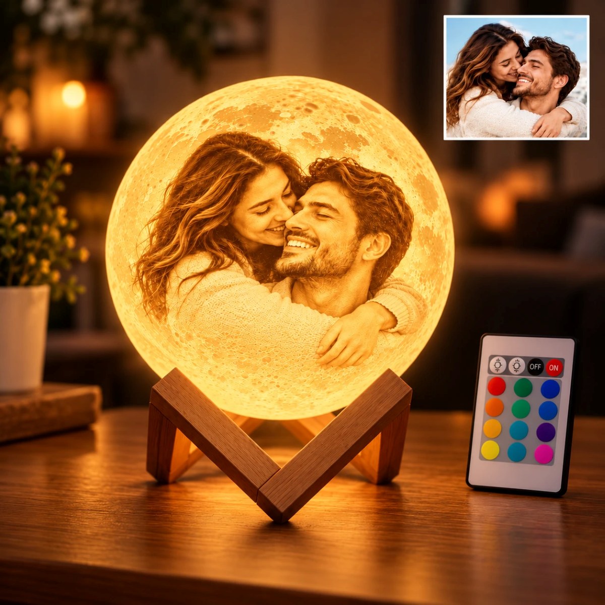 Lámpara de luna personalizada con foto de pareja grabada, luz cálida